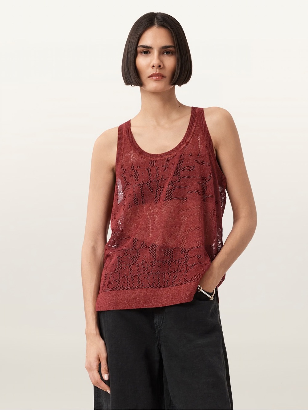 NWT - AllSaints Kaito Tank Jacquard Pointelle Knit -color Rosewood Red- SZ S